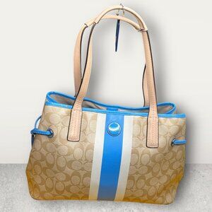 Coach Tan and Blue Signature Tote Bag